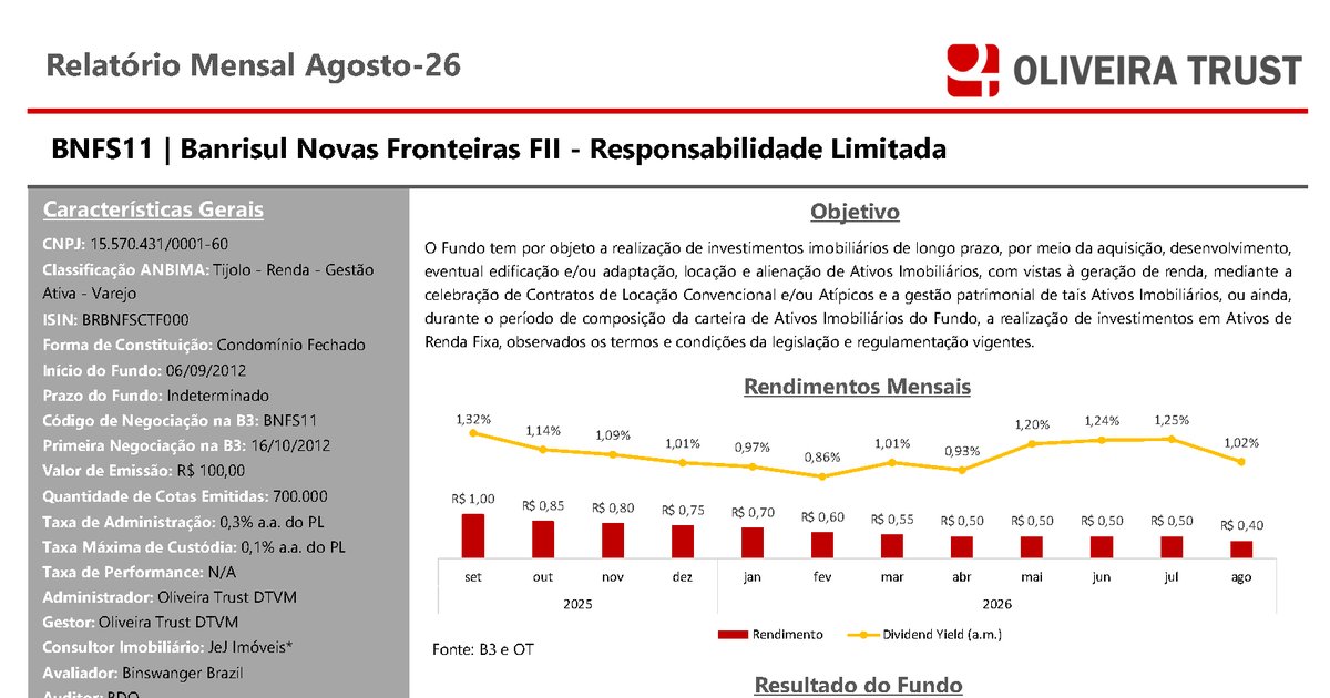 Capa do Relatório Gerencial de 08/2026 do BNFS11 (BANRISUL NOVAS FRONTEIRAS FUNDO DE INVESTIMENTO IMOBILIARIO - RESPONSABILIDADE LIMITADA)