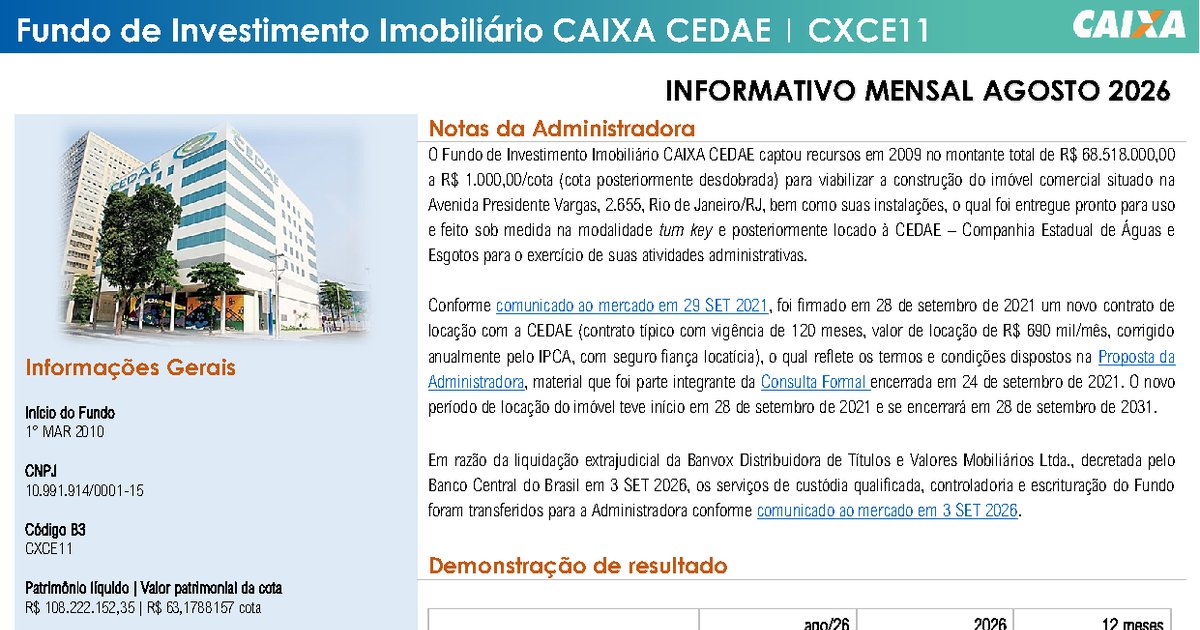 Capa do Relatório Gerencial de 08/2026 do CXCE11 (FUNDO DE INVESTIMENTO IMOBILIÁRIO CAIXA CEDAE RESPONSABILIDADE LIMITADA)