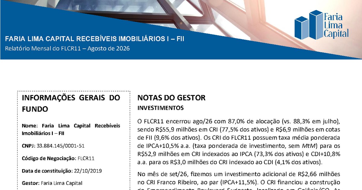 Capa do Relatório Gerencial de 08/2026 do FLCR11 (FARIA LIMA CAPITAL RECEBÍVEIS IMOBILIÁRIOS I - FUNDO DE INVESTIMENTO IMOBILIÁRIO RESPONSABILIDADE LI)