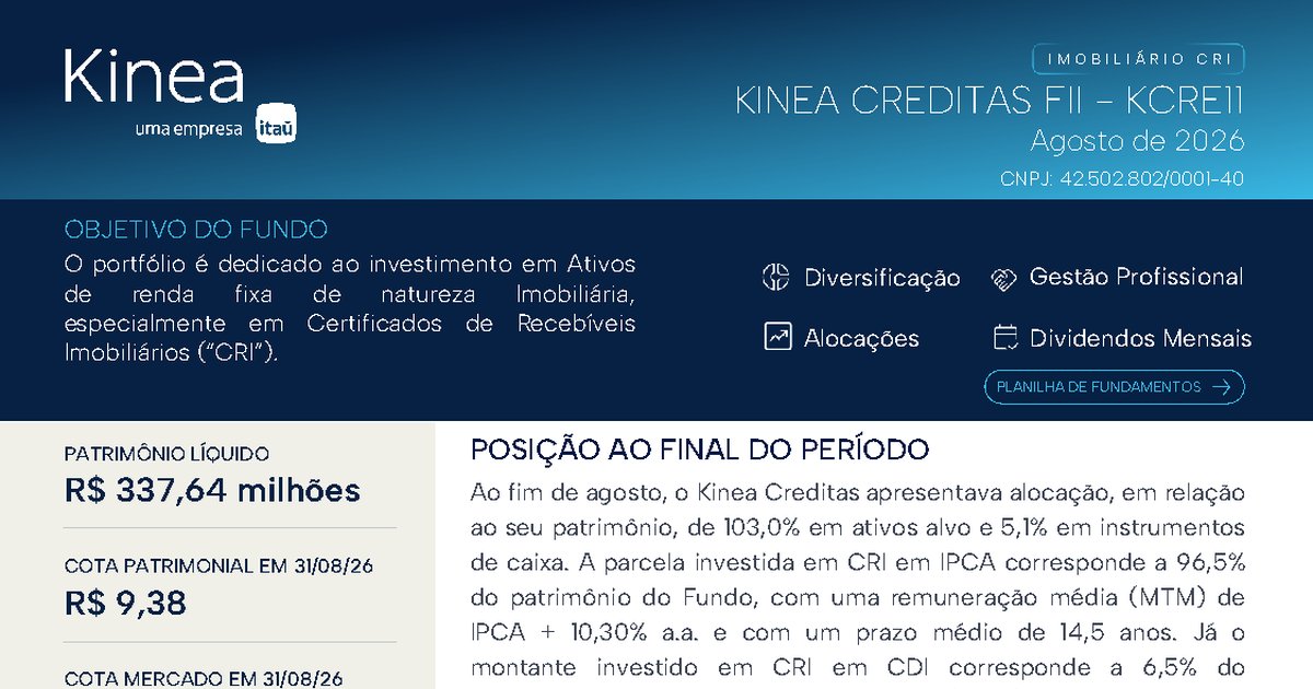 Capa do Relatório Gerencial de 08/2026 do KCRE11 (KINEA CREDITAS FUNDO DE INVESTIMENTO IMOBILIÁRIO RESPONSABILIDADE LIMITADA)