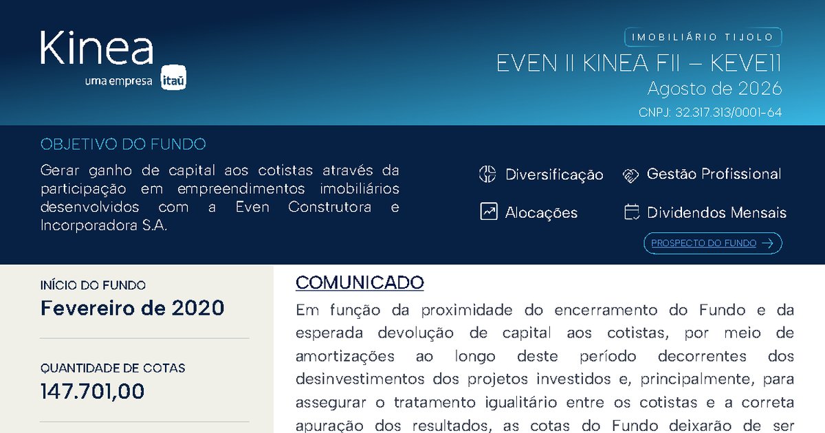 Capa do Relatório Gerencial de 08/2026 do KEVE11 (EVEN II KINEA FUNDO DE INVESTIMENTO IMOBILIÁRIO RESPONSABILIDADE LIMITADA)