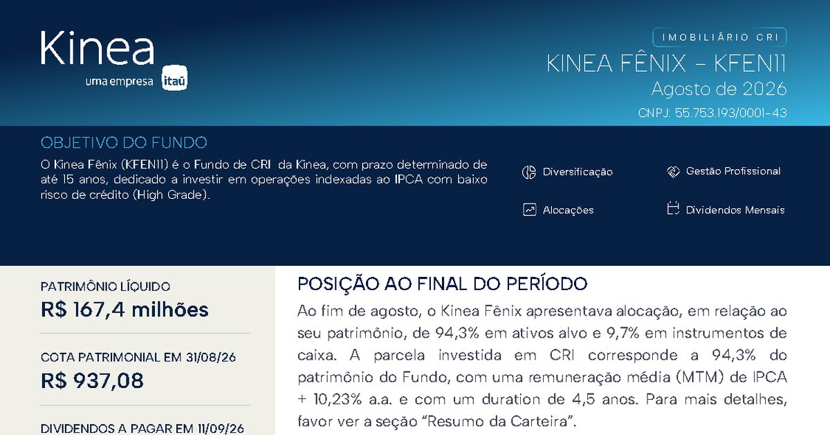 Capa do Relatório Gerencial de 08/2026 do KFEN11 (KINEA FÊNIX FUNDO DE INVESTIMENTO IMOBILIÁRIO - RESPONSABILIDADE LIMITADA)