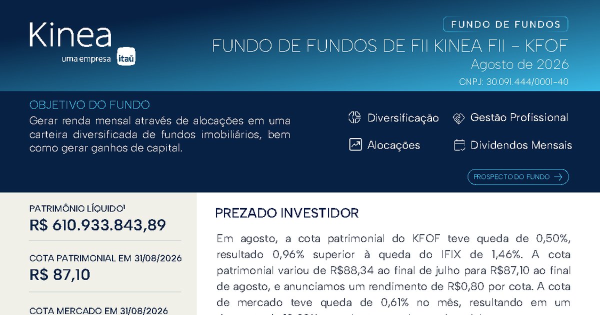 Capa do Relatório Gerencial de 08/2026 do KFOF11 (FUNDO DE FUNDOS DE INVESTIMENTO IMOBILIÁRIO KINEA FII RESPONSABILIDADE LIMITADA)