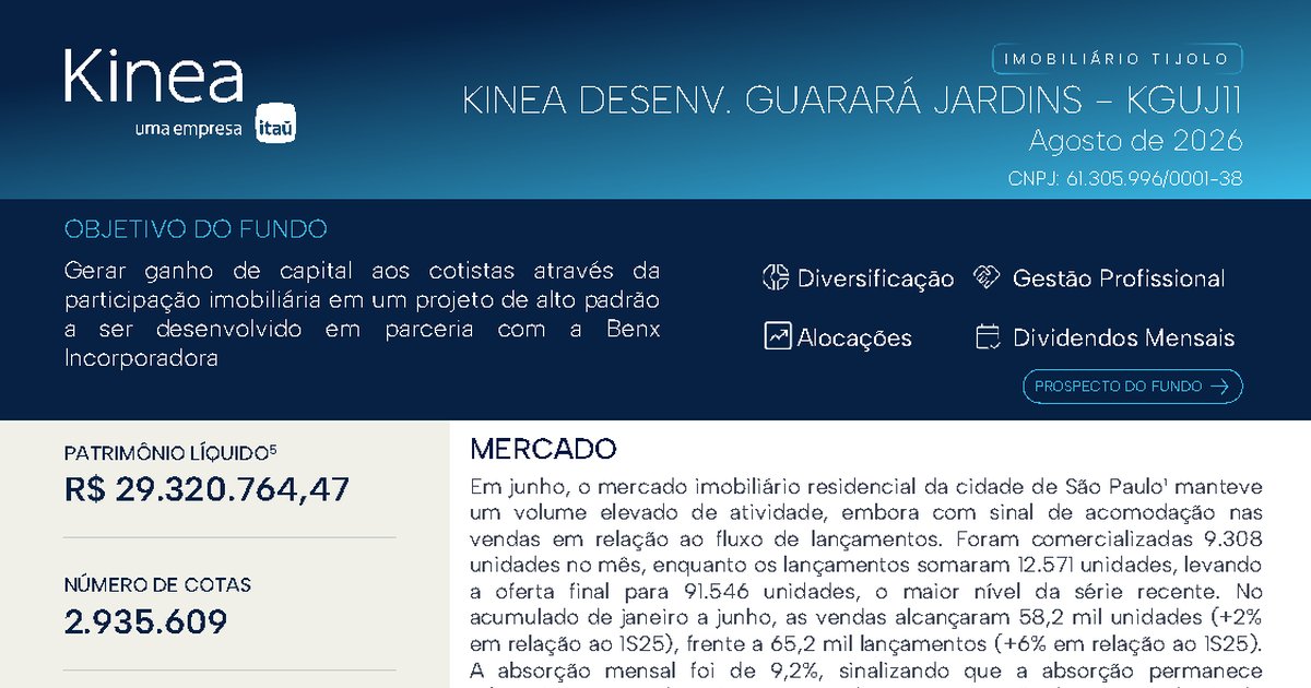 Capa do Relatório Gerencial de 08/2026 do KGUJ11 (KINEA DESENVOLVIMENTO GUARARÁ JARDINS FUNDO DE INVESTIMENTO IMOBILIÁRIO RESPONSABILIDADE LIMITADA)