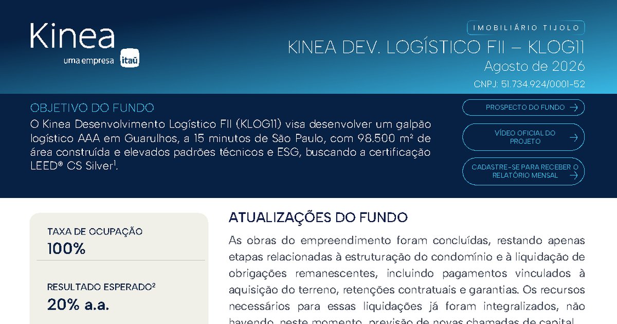 Capa do Relatório Gerencial de 08/2026 do KLOG11 (KINEA DESENVOLVIMENTO LOGÍSTICO FUNDO DE INVESTIMENTO IMOBILIÁRIO RESPONSABILIDADE LIMITADA)