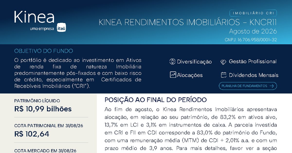 Capa do Relatório Gerencial de 08/2026 do KNCR11 (KINEA RENDIMENTOS IMOBILIÁRIOS FUNDO DE INVESTIMENTO IMOBILIÁRIO RESPONSABILIDADE LIMITADA)