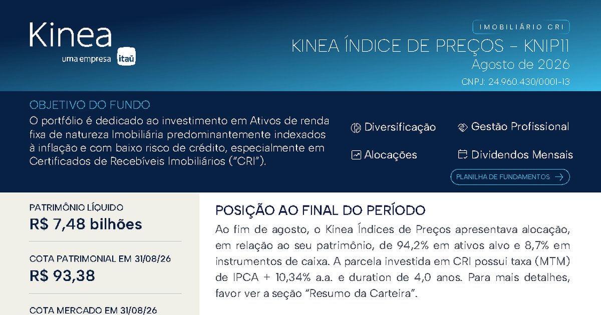 Capa do Relatório Gerencial de 08/2026 do KNIP11 (KINEA ÍNDICES DE PREÇOS FUNDO DE INVESTIMENTO IMOBILIÁRIO RESPONSABILIDADE LIMITADA)