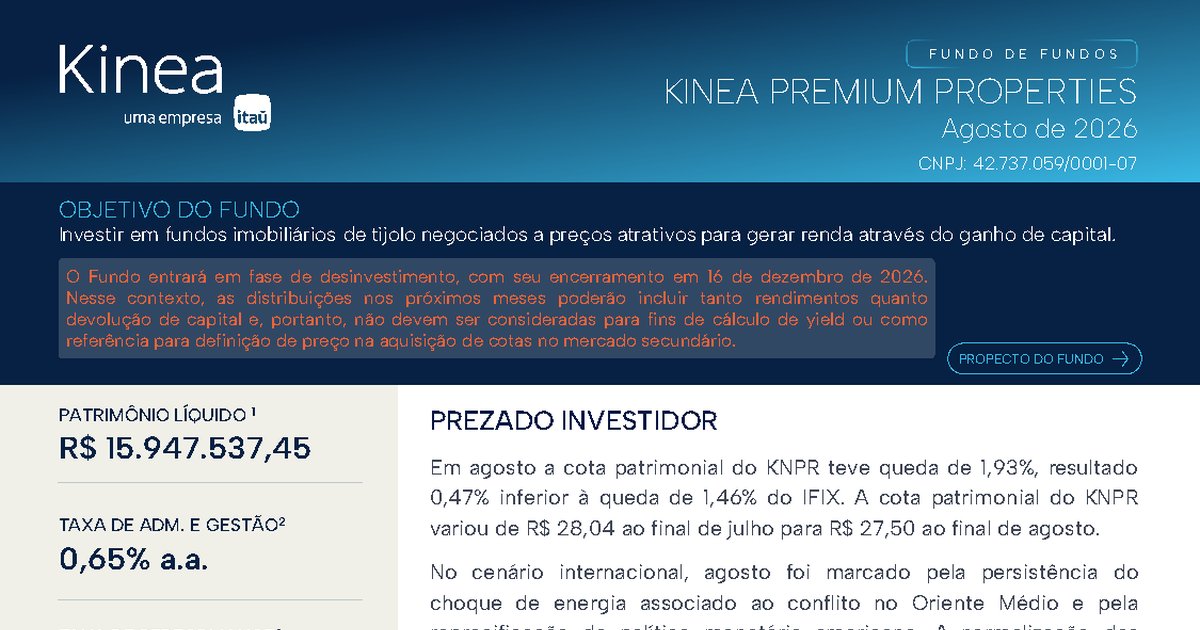 Capa do Relatório Gerencial de 08/2026 do KNPR11 (KINEA PREMIUM PROPERTIES FUNDO DE INVESTIMENTO IMOBILIÁRIO - RESPONSABILIDADE LIMITADA)