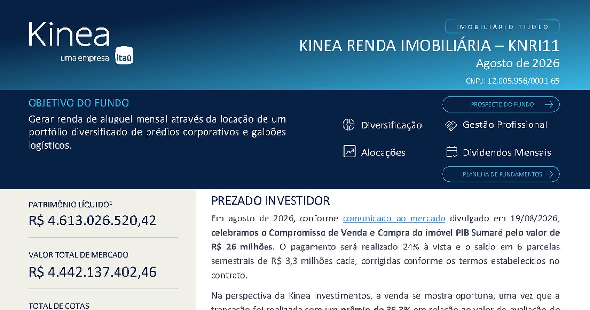 Capa do Relatório Gerencial de 08/2026 do KNRI11 (KINEA RENDA IMOBILIÁRIA FUNDO DE INVESTIMENTO IMOBILIÁRIO RESPONSABILIDADE LIMITADA)