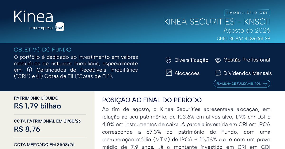 Capa do Relatório Gerencial de 08/2026 do KNSC11 (KINEA SECURITIES FUNDO DE INVESTIMENTO IMOBILIÁRIO RESPONSABILIDADE LIMITADA)
