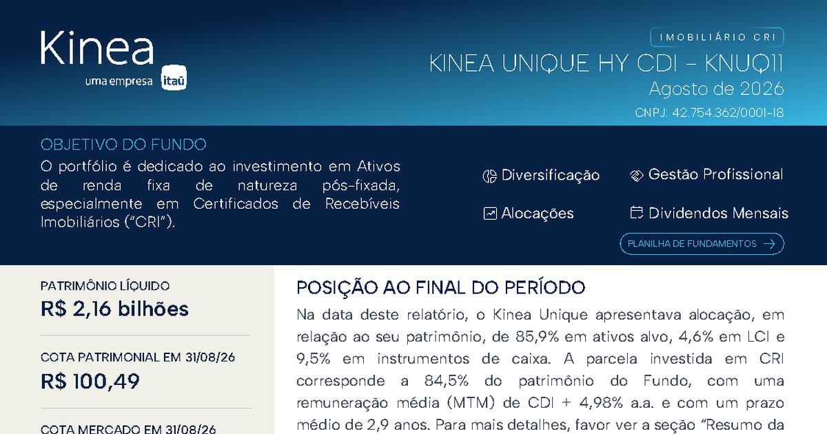 Capa do Relatório Gerencial de 08/2026 do KNUQ11 (KINEA UNIQUE HY CDI FUNDO DE INVESTIMENTO IMOBILIÁRIO RESPONSABILIDADE LIMITADA)