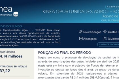 Capa do Relatório Gerencial de 08/2026 do KOPA11 (KINEA OPORTUNIDADES AGRO I FIAGRO - RESPONSABILIDADE LIMITADA)
