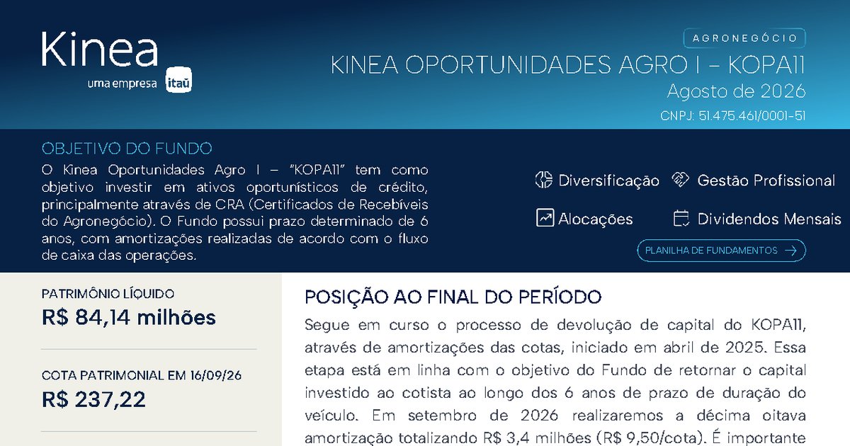 Capa do Relatório Gerencial de 08/2026 do KOPA11 (KINEA OPORTUNIDADES AGRO I FIAGRO - RESPONSABILIDADE LIMITADA)