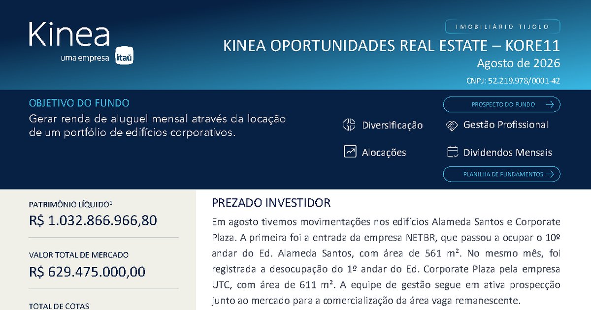 Capa do Relatório Gerencial de 08/2026 do KORE11 (KINEA OPORTUNIDADES REAL ESTATE FUNDO DE INVESTIMENTO IMOBILIÁRIO - RESPONSABILIDADE LIMITADA)
