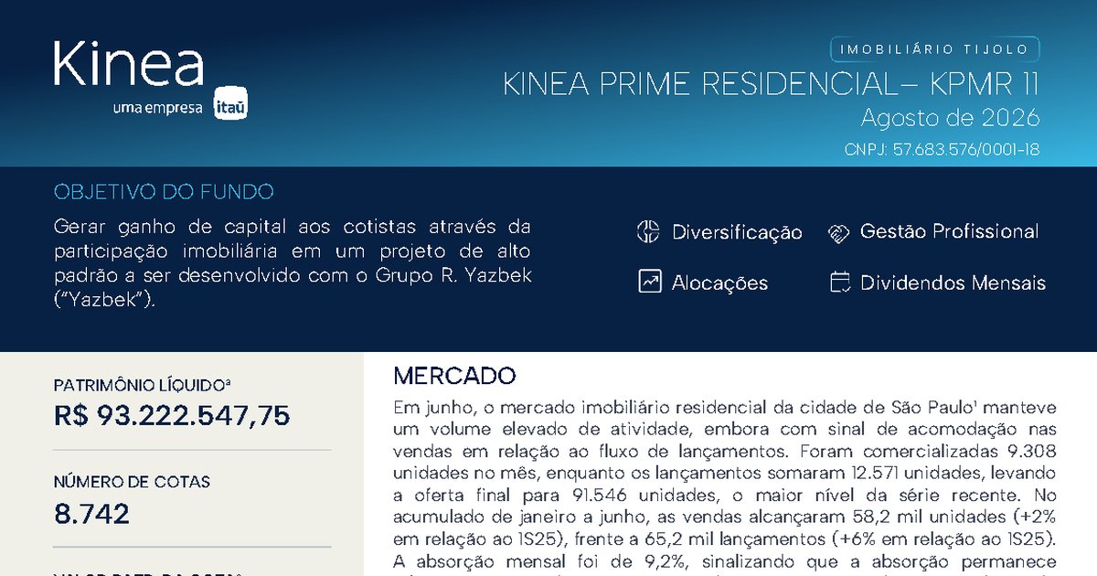 Capa do Relatório Gerencial de 08/2026 do KPMR11 (KINEA PRIME RESIDENCIAL I FUNDO DE INVESTIMENTO IMOBILIÁRIO DE RESPONSABILIDADE LIMITADA)