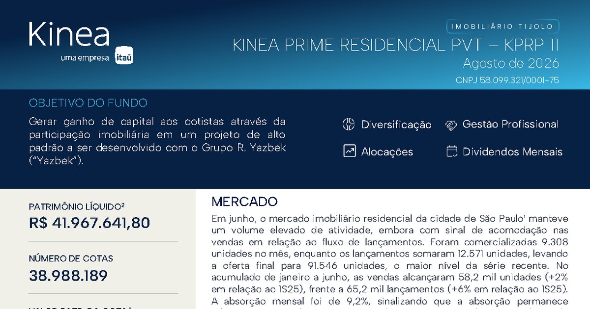 Capa do Relatório Gerencial de 08/2026 do KPRP11 (KINEA PRIME RESIDENCIAL I PVT FUNDO DE INVESTIMENTO IMOBILIÁRIO DE RESPONSABILIDADE LIMITADA)