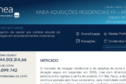 Capa do Relatório Gerencial de 08/2026 do KRES11 (KINEA AQUISIÇÕES RESIDENCIAIS FUNDO DE INVESTIMENTO IMOBILIÁRIO - RESPONSABILIDADE LIMITADA)