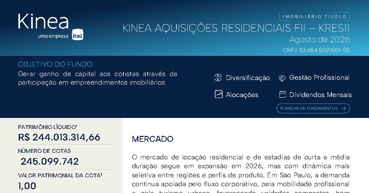 Capa do Relatório Gerencial de 08/2026 do KRES11 (KINEA AQUISIÇÕES RESIDENCIAIS FUNDO DE INVESTIMENTO IMOBILIÁRIO - RESPONSABILIDADE LIMITADA)