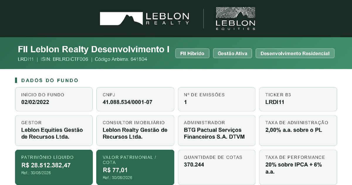Capa do Relatório Gerencial de 06/2026 do LRDI11 (LEBLON REALTY DESENVOLVIMENTO I FUNDO DE INVESTIMENTO IMOBILIÁRIO RESPONSABILIDADE LIMITADA)