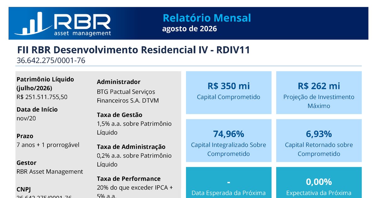 Capa do Relatório Gerencial de 08/2026 do RDIV11 (FUNDO DE INVESTIMENTO IMOBILIÁRIO - FII RBR DESENVOLVIMENTO IV RESPONSABILIDADE LIMITADA)