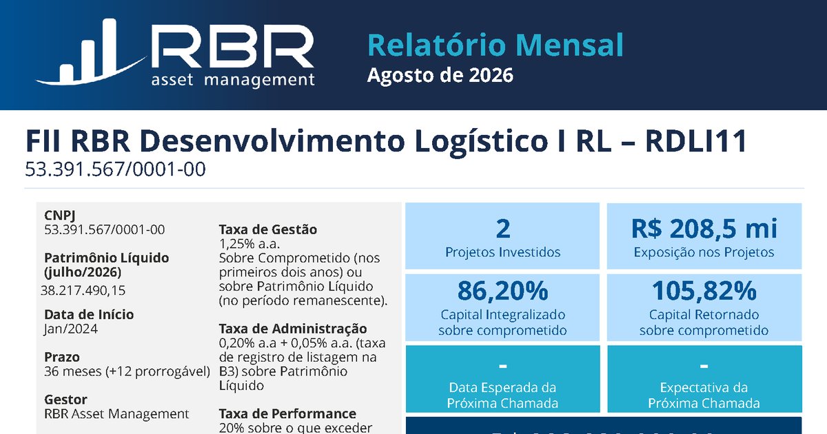 Capa do Relatório Gerencial de 08/2026 do RDLI11 (RBR DESENVOLVIMENTO LOGÍSTICO I - FUNDO DE INVESTIMENTO IMOBILIÁRIO RESPONSABILIDADE LIMITADA)
