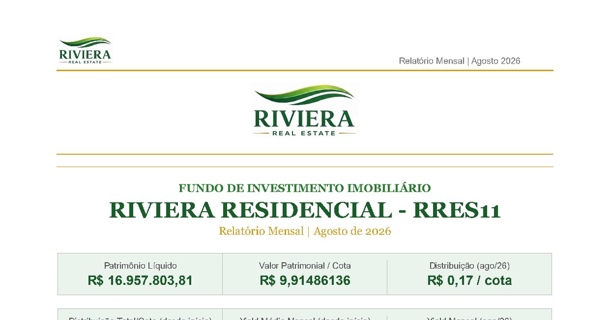 Capa do Relatório Gerencial de 08/2026 do RRES11 (FUNDO DE INVESTIMENTO IMOBILIÁRIO RIVIERA RESIDENCIAL - RESPONSABILIDADE LIMITADA)