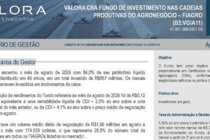 Capa do Relatório Gerencial de 08/2026 do VGIA11 (VALORA CRA FUNDO DE INVESTIMENTO NAS CADEIAS PRODUTIVAS DO AGRONEGÓCIO - FIAGRO)