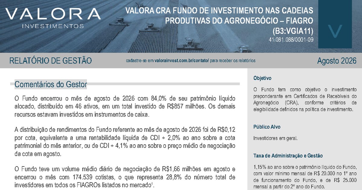 Capa do Relatório Gerencial de 08/2026 do VGIA11 (VALORA CRA FUNDO DE INVESTIMENTO NAS CADEIAS PRODUTIVAS DO AGRONEGÓCIO - FIAGRO)