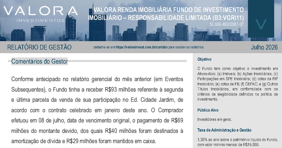 Capa do Relatório Gerencial de 07/2026 do VGRI11 (VALORA RENDA IMOBILIÁRIA FUNDO DE INVESTIMENTO IMOBILIÁRIO RESPONSABILIDADE LIMITADA)