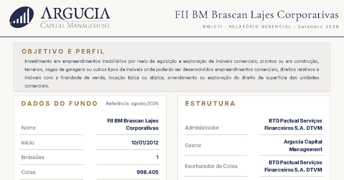 Capa do Relatório Gerencial de 09/2026 do BMLC11 (BM BRASCAN LAJES CORPORATIVAS FUNDO DE INVESTIMENTO IMOBILIÁRIO RESPONSABILIDADE LIMITADA)