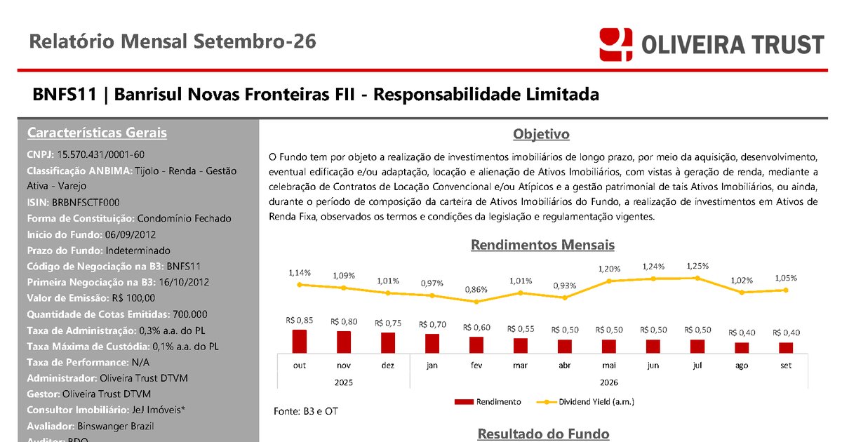 Capa do Relatório Gerencial de 09/2026 do BNFS11 (BANRISUL NOVAS FRONTEIRAS FUNDO DE INVESTIMENTO IMOBILIARIO - RESPONSABILIDADE LIMITADA)