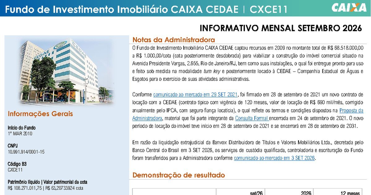 Capa do Relatório Gerencial de 09/2026 do CXCE11 (FUNDO DE INVESTIMENTO IMOBILIÁRIO CAIXA CEDAE RESPONSABILIDADE LIMITADA)