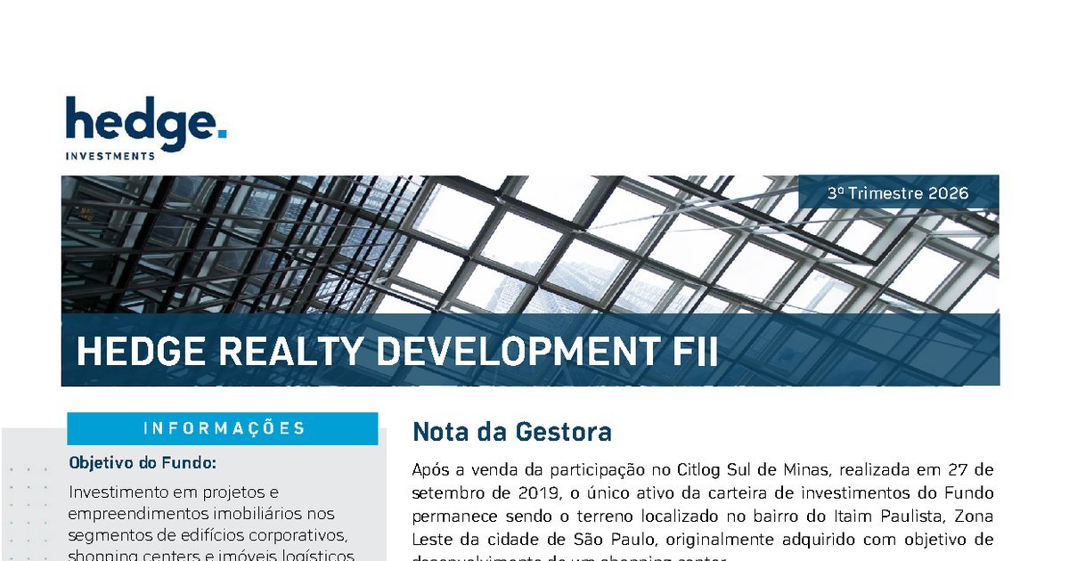 Capa do Relatório Gerencial de 09/2026 do HRDF11 (HEDGE REALTY DEVELOPMENT FUNDO DE INVESTIMENTO IMOBILIÁRIO DE RESPONSABILIDADE LIMITADA)