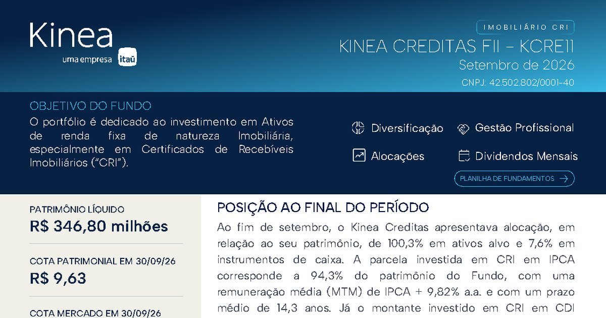 Capa do Relatório Gerencial de 09/2026 do KCRE11 (KINEA CREDITAS FUNDO DE INVESTIMENTO IMOBILIÁRIO RESPONSABILIDADE LIMITADA)