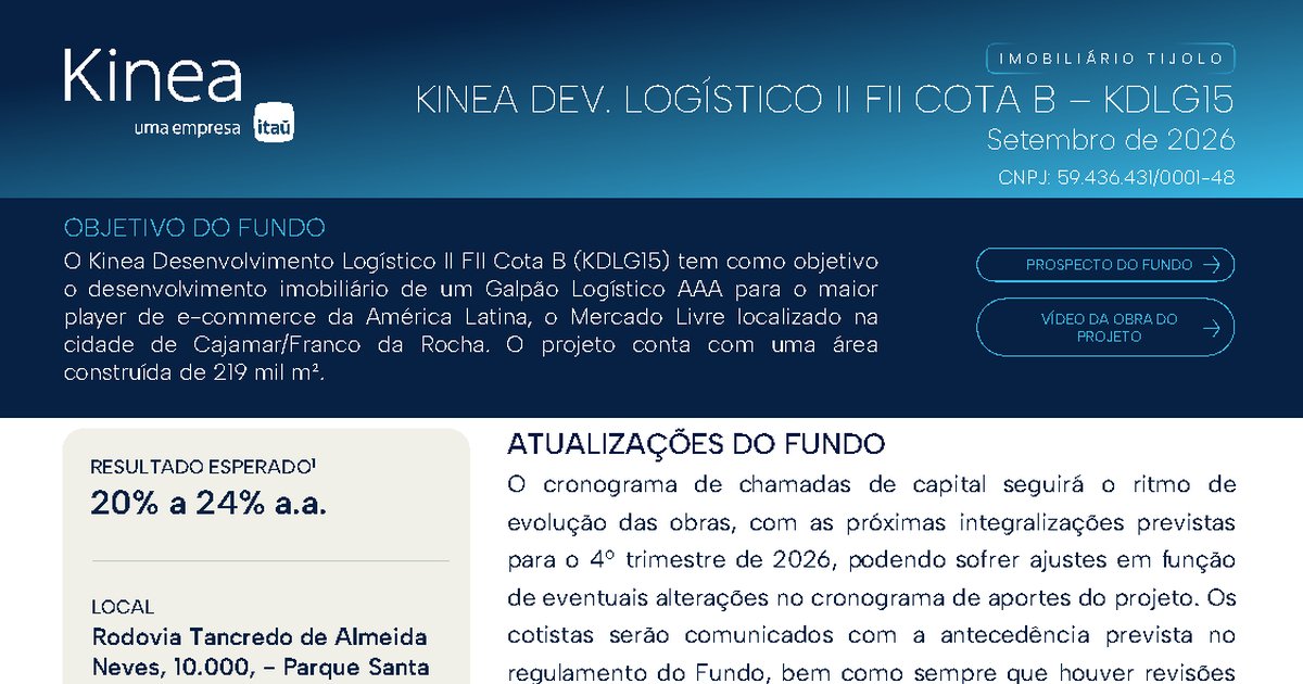 Capa do Relatório Gerencial de 09/2026 do KDLG11 (KINEA DESENVOLVIMENTO LOGÍSTICO II FUNDO DE INVESTIMENTO IMOBILIÁRIO RESPONSABILIDADE LIMITADA)