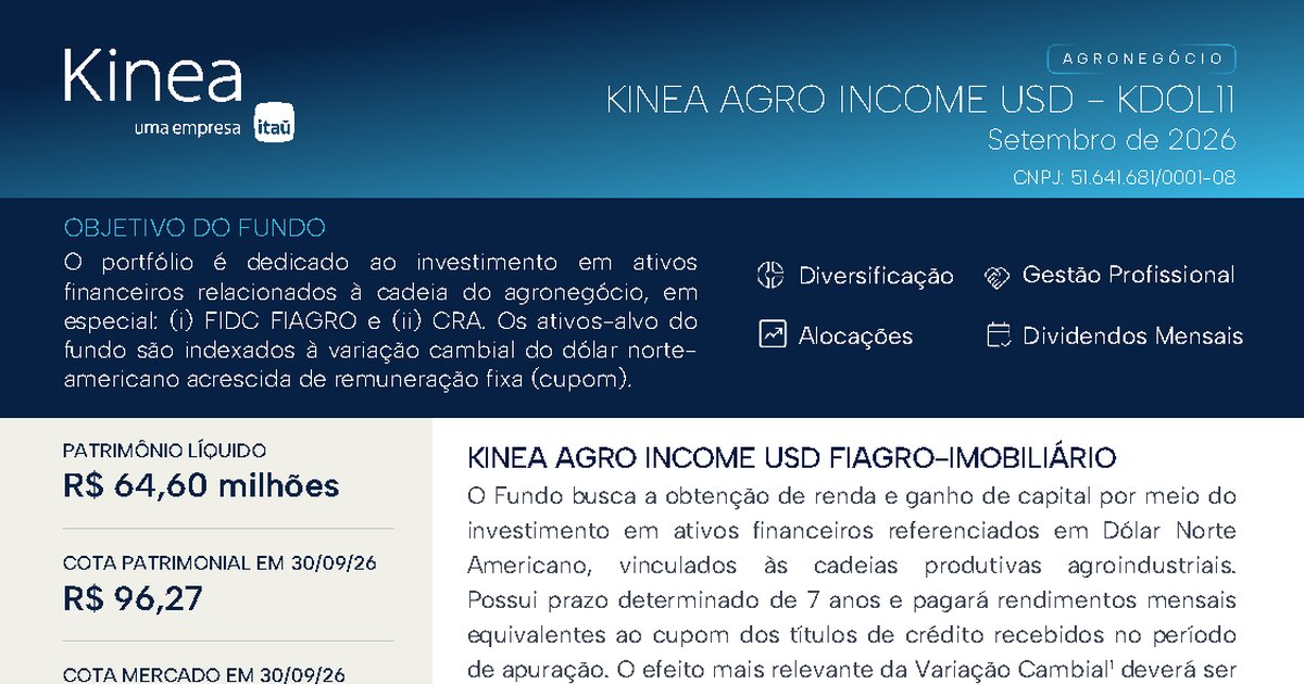 Capa do Relatório Gerencial de 09/2026 do KDOL11 (KINEA AGRO INCOME USD FIAGRO - RESPONSABILIDADE LIMITADA)