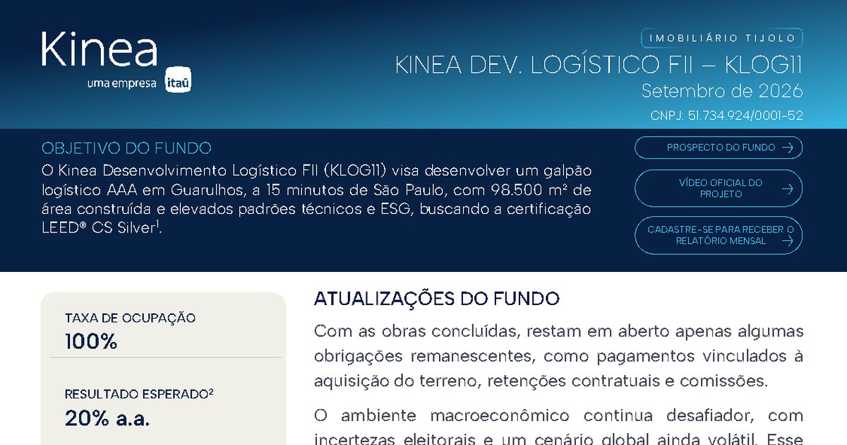 Capa do Relatório Gerencial de 09/2026 do KLOG11 (KINEA DESENVOLVIMENTO LOGÍSTICO FUNDO DE INVESTIMENTO IMOBILIÁRIO RESPONSABILIDADE LIMITADA)