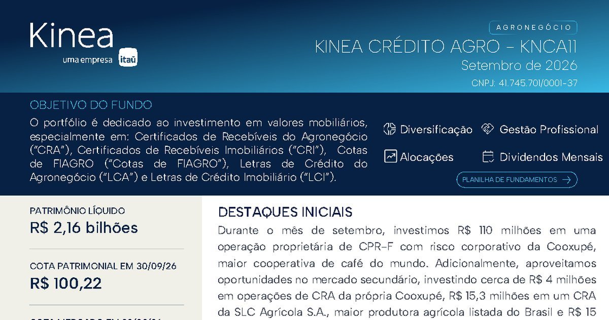 Capa do Relatório Gerencial de 09/2026 do KNCA11 (KINEA CRÉDITO AGRO FIAGRO - RESPONSABILIDADE LIMITADA)