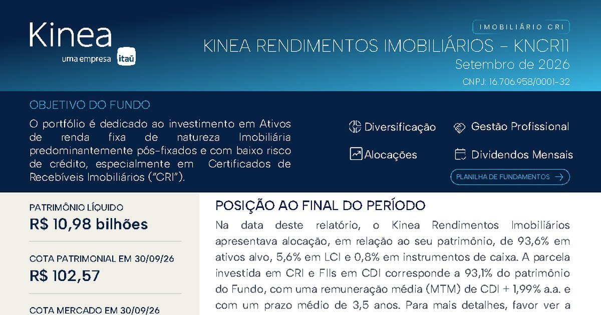 Capa do Relatório Gerencial de 09/2026 do KNCR11 (KINEA RENDIMENTOS IMOBILIÁRIOS FUNDO DE INVESTIMENTO IMOBILIÁRIO RESPONSABILIDADE LIMITADA)