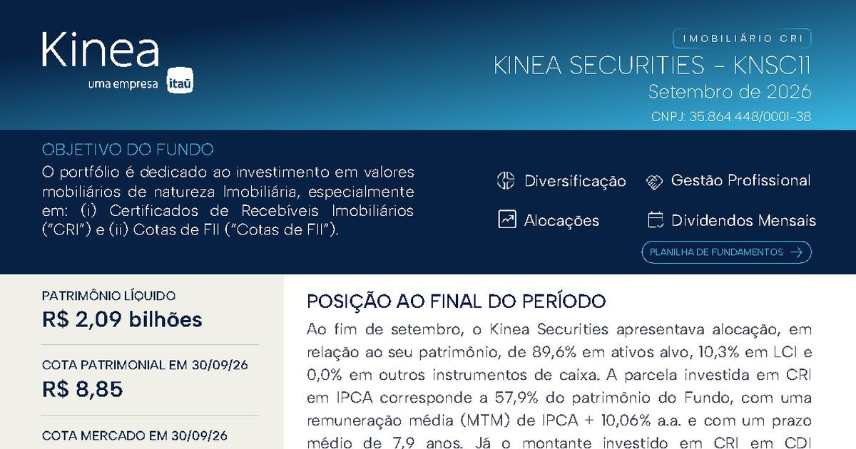 Capa do Relatório Gerencial de 09/2026 do KNSC11 (KINEA SECURITIES FUNDO DE INVESTIMENTO IMOBILIÁRIO RESPONSABILIDADE LIMITADA)