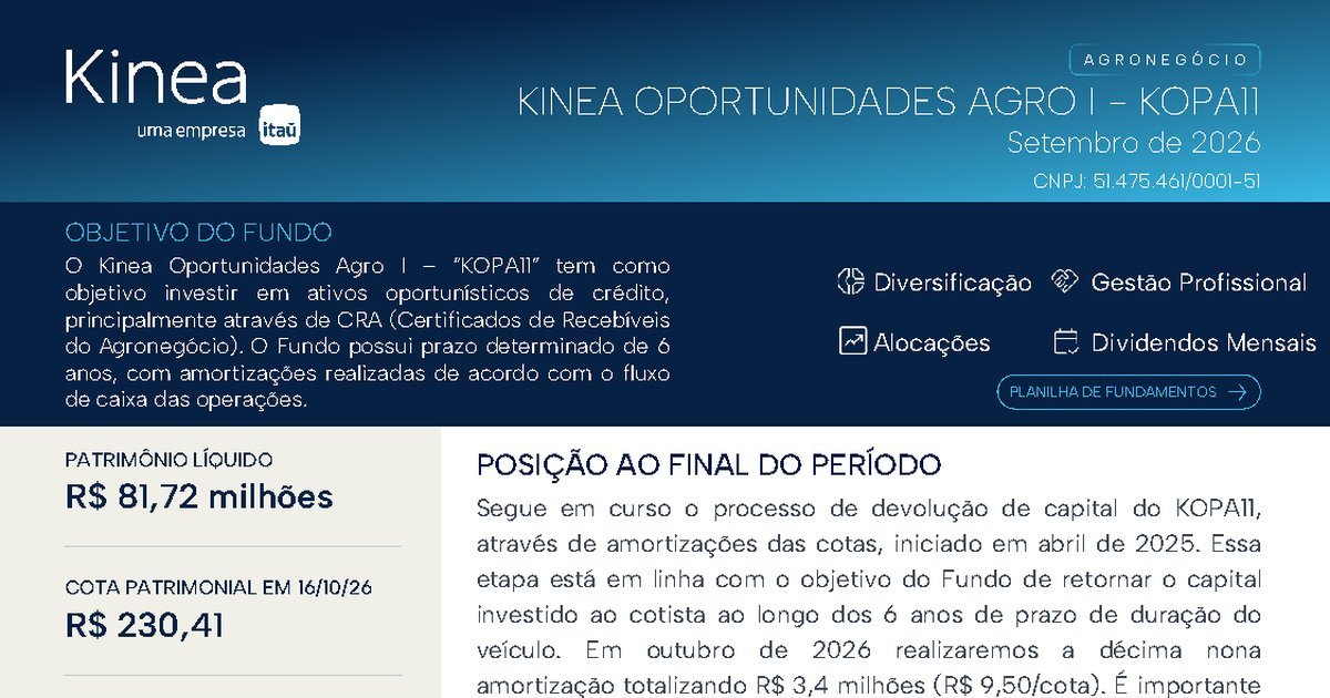 Capa do Relatório Gerencial de 09/2026 do KOPA11 (KINEA OPORTUNIDADES AGRO I FIAGRO - RESPONSABILIDADE LIMITADA)