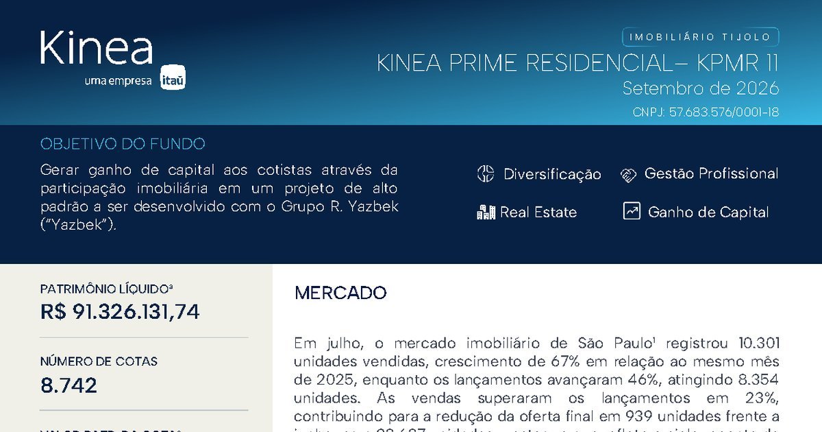 Capa do Relatório Gerencial de 09/2026 do KPMR11 (KINEA PRIME RESIDENCIAL I FUNDO DE INVESTIMENTO IMOBILIÁRIO DE RESPONSABILIDADE LIMITADA)