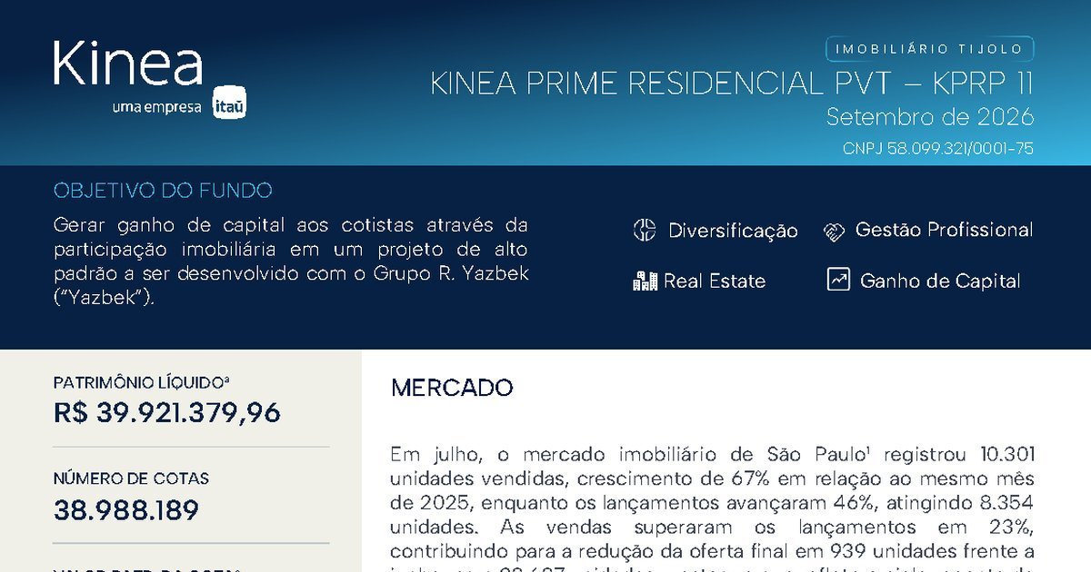 Capa do Relatório Gerencial de 09/2026 do KPRP11 (KINEA PRIME RESIDENCIAL I PVT FUNDO DE INVESTIMENTO IMOBILIÁRIO DE RESPONSABILIDADE LIMITADA)