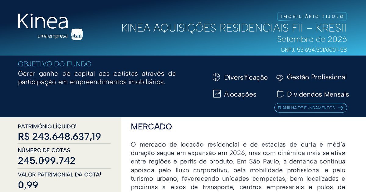 Capa do Relatório Gerencial de 09/2026 do KRES11 (KINEA AQUISIÇÕES RESIDENCIAIS FUNDO DE INVESTIMENTO IMOBILIÁRIO - RESPONSABILIDADE LIMITADA)