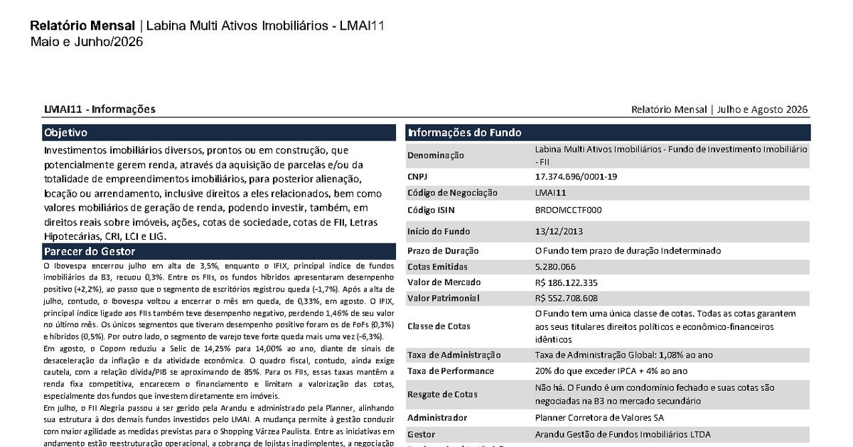 Capa do Relatório Gerencial de 08/2026 do LMAI11 (LABINA MULTI ATIVOS IMOBILIÁRIOS - FUNDO DE INVESTIMENTO IMOBILIÁRIO RESPONSABILIDADE LIMITADA)