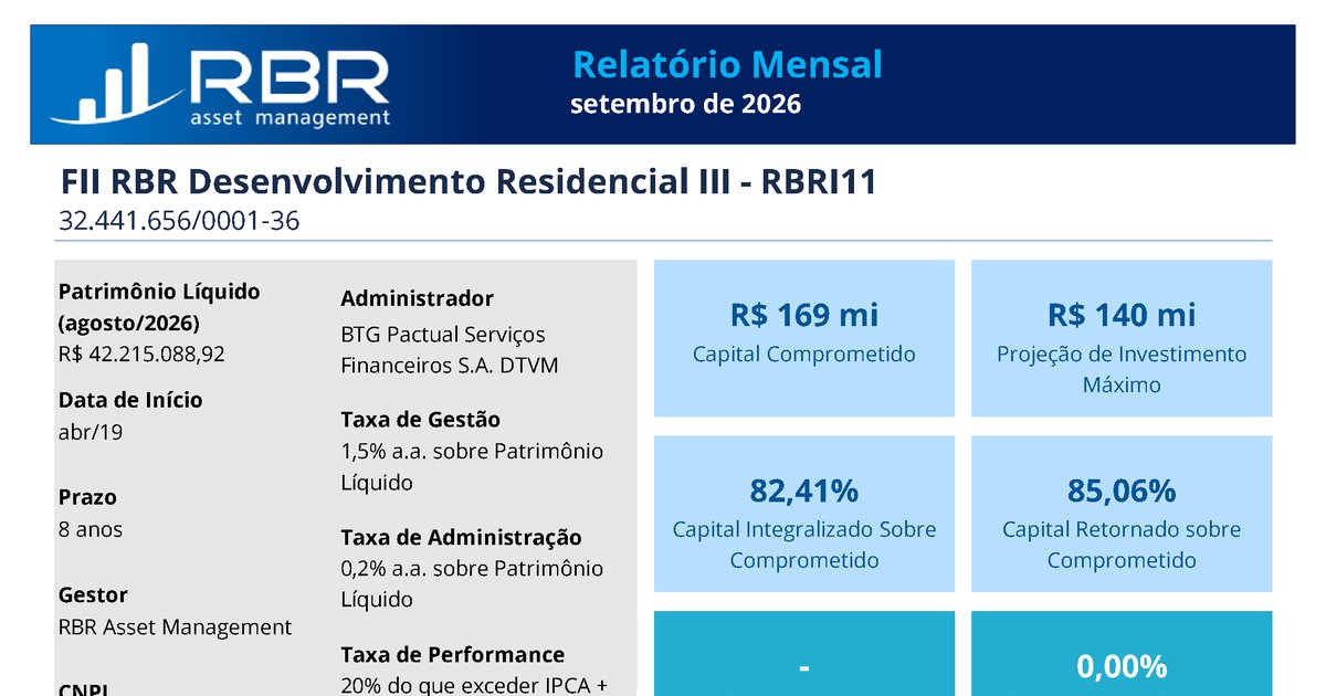 Capa do Relatório Gerencial de 09/2026 do RBRI11 (FUNDO DE INVESTIMENTO IMOBILIÁRIO - FII RBR DESENVOLVIMENTO III RESPONSABILIDADE LIMITADA)