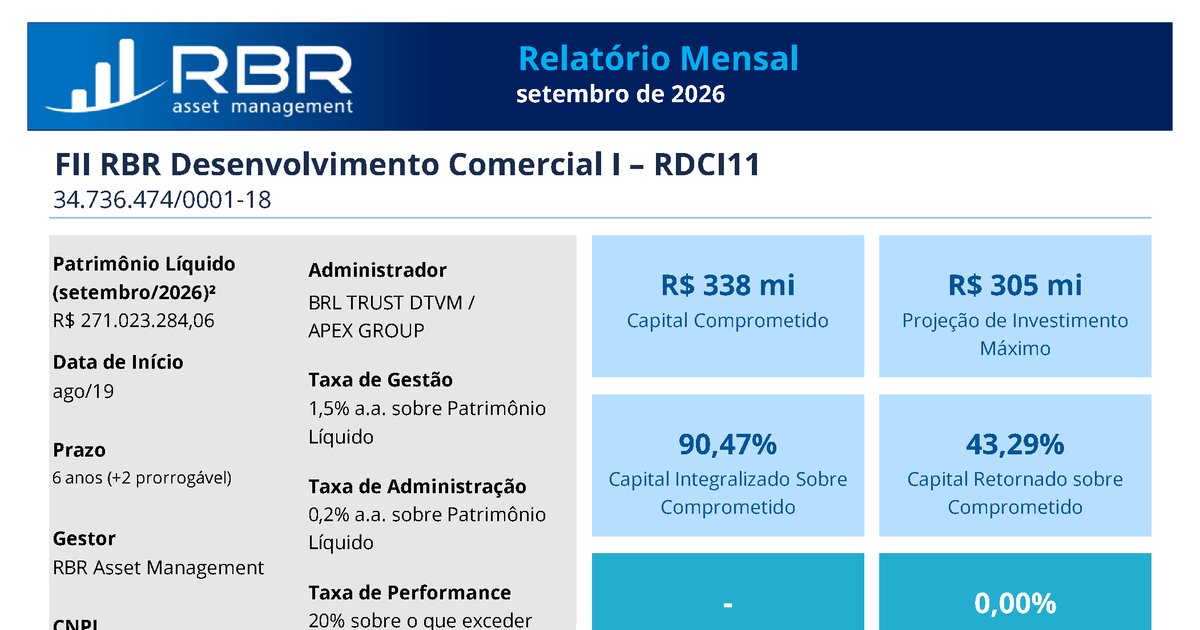 Capa do Relatório Gerencial de 09/2026 do RDCI11 (RBR DESENVOLVIMENTO COMERCIAL I - FUNDO DE INVESTIMENTO IMOBILIÁRIO RESPONSABILIDADE LIMITADA)