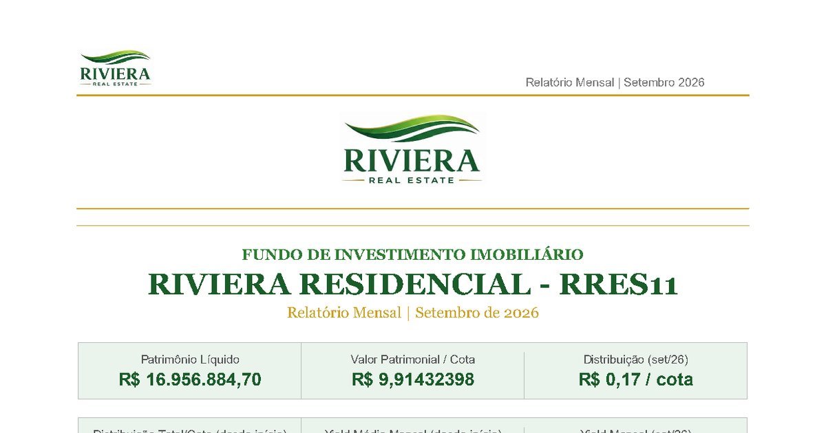 Capa do Relatório Gerencial de 09/2026 do RRES11 (FUNDO DE INVESTIMENTO IMOBILIÁRIO RIVIERA RESIDENCIAL - RESPONSABILIDADE LIMITADA)