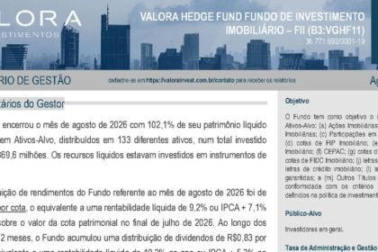 Capa do Relatório Gerencial de 08/2026 do VGHF11 (VALORA HEDGE FUND FUNDO DE INVESTIMENTO IMOBILIÁRIO DE RESPONSABILIDADE LIMITADA)