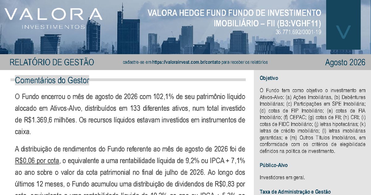 Capa do Relatório Gerencial de 08/2026 do VGHF11 (VALORA HEDGE FUND FUNDO DE INVESTIMENTO IMOBILIÁRIO DE RESPONSABILIDADE LIMITADA)